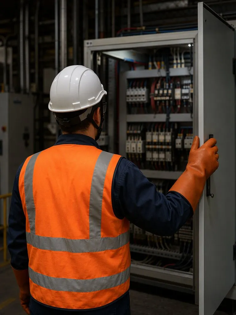 Electricista con equipo de protección inspeccionando un tablero eléctrico en planta