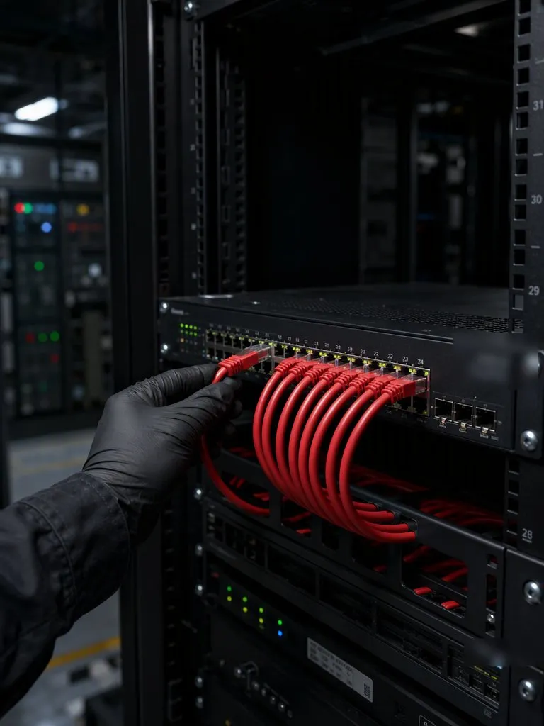 Técnico conectando cables de red en un rack de telecomunicaciones